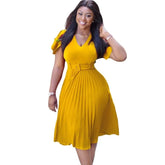 2022 Summer Pleated Dress for Women Elegant Ladies Office Dress Ankara Dashiki Robe Slim Solid Party Gowns Fashion Attire